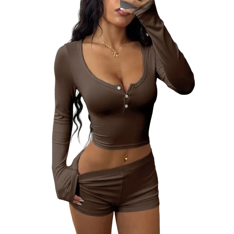 Brown long-sleeved button-front ribbed crop top with matching shorts set inspired by pure white y2k style