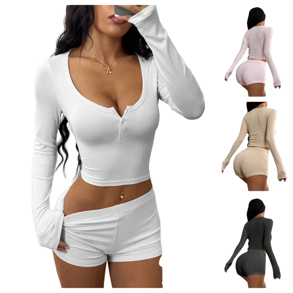 Pure white y2k ribbed pajama set featuring a long-sleeved buttoned crop top and matching shorts in six colors
