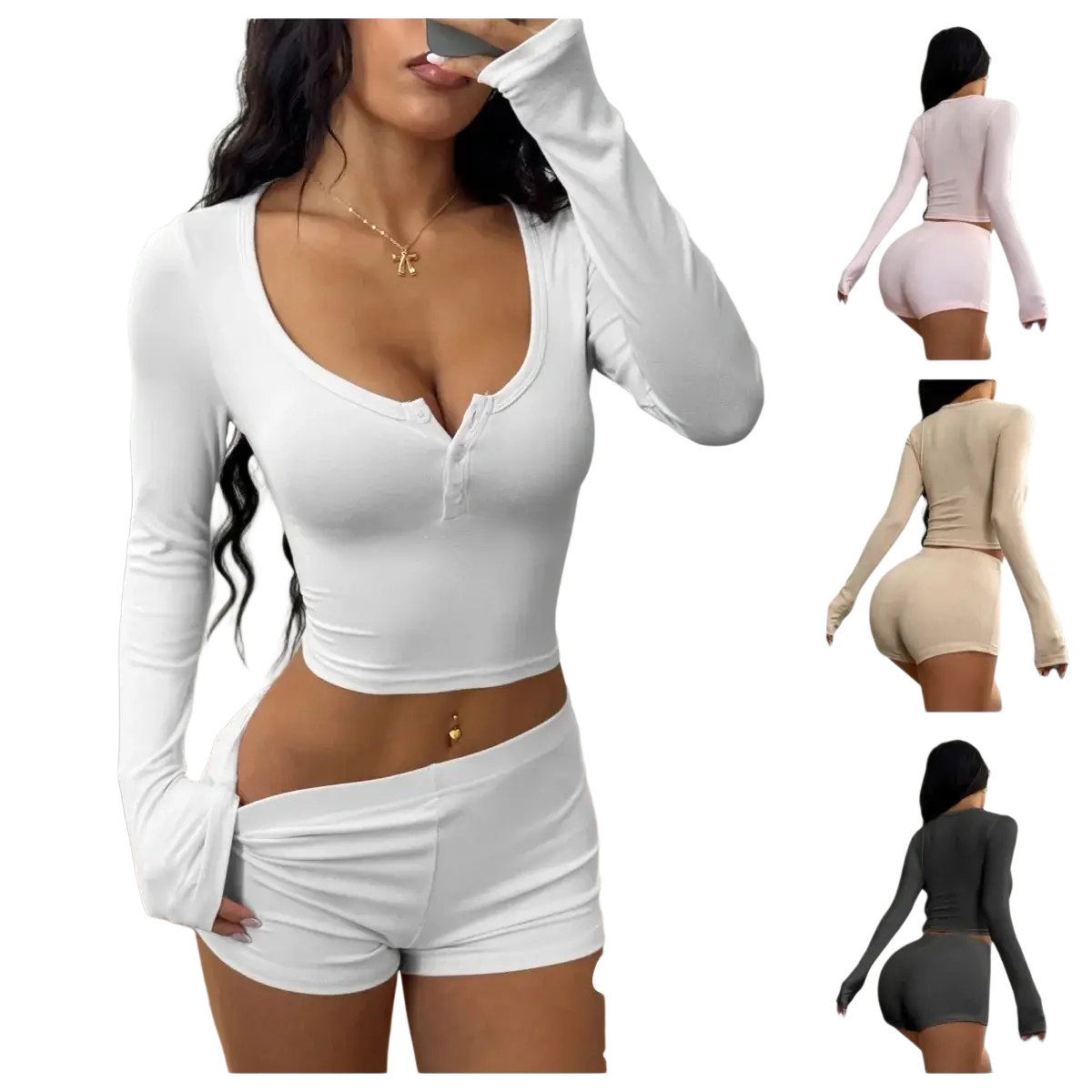 Pure white y2k ribbed pajama set featuring a long-sleeved buttoned crop top and matching shorts in six colors
