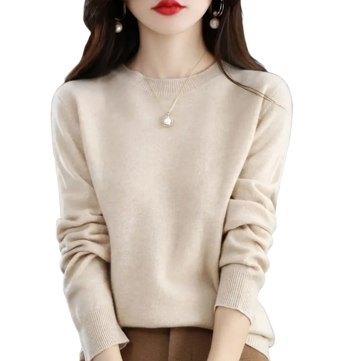 Beige pure wool cashmere O-neck pullover sweater with ribbed cuffs and neckline for cozy wear