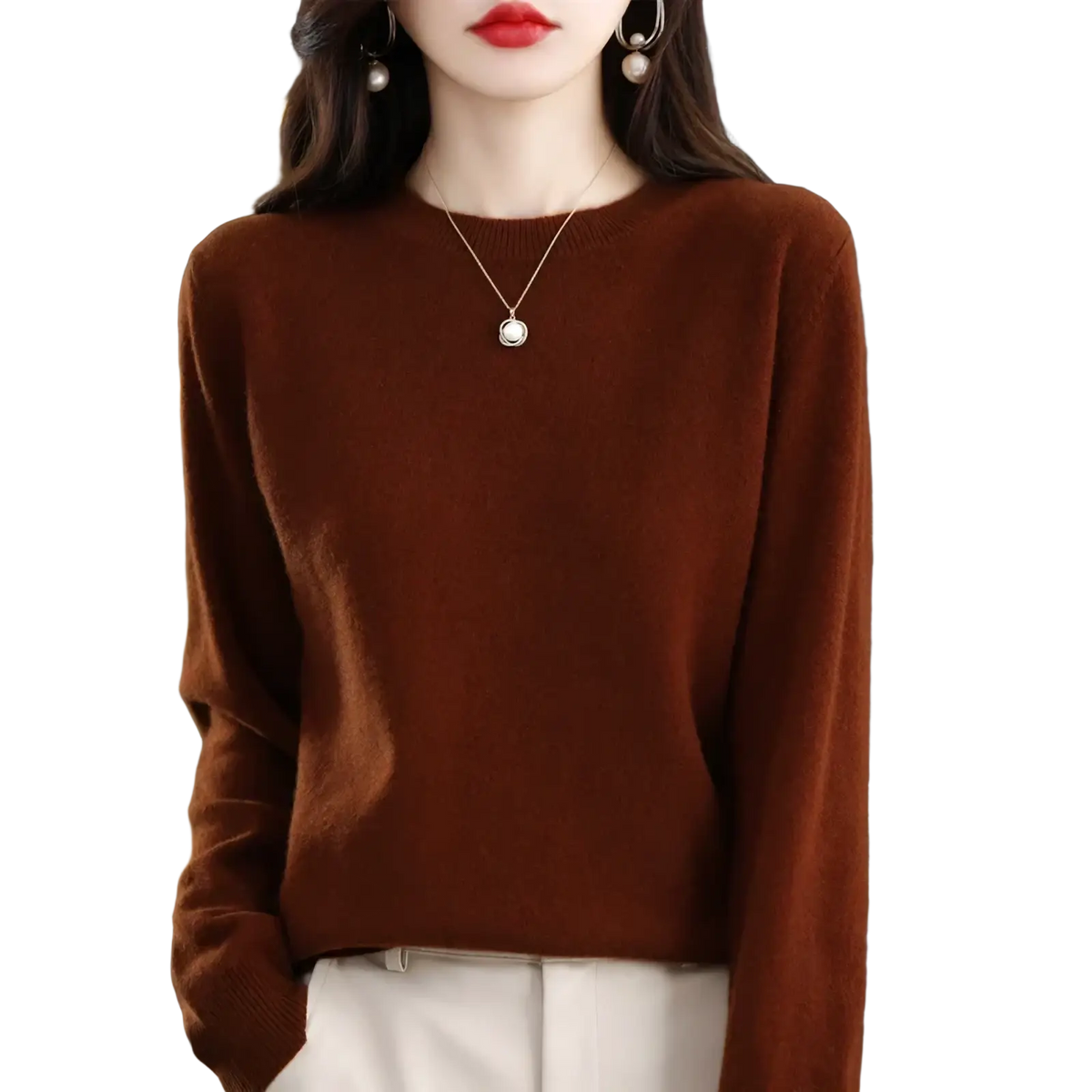 A cozy rich brown pure wool cashmere o-neck pullover sweater with soft texture and round neckline