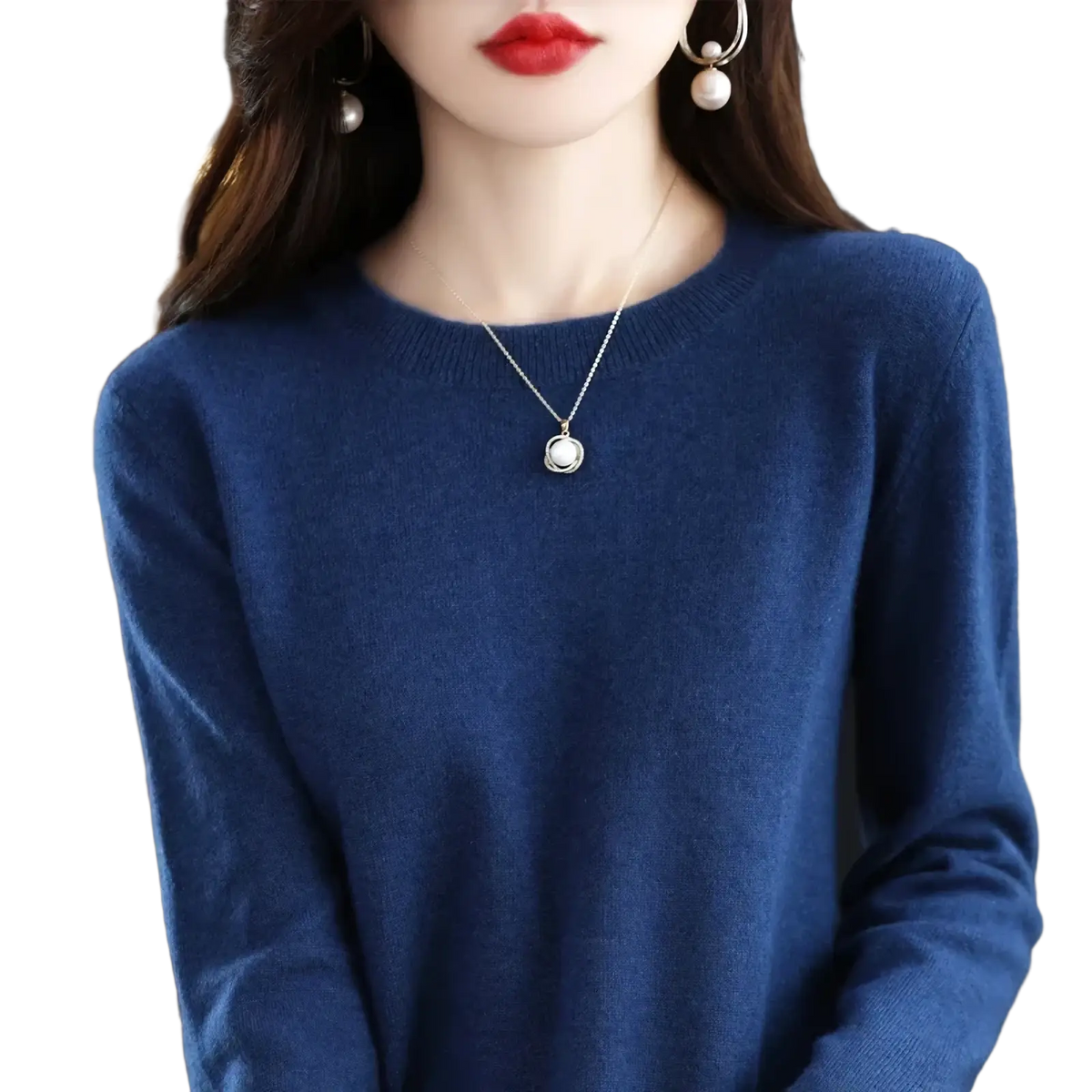 A deep blue pure wool cashmere long-sleeved o-neck pullover sweater with a round neckline