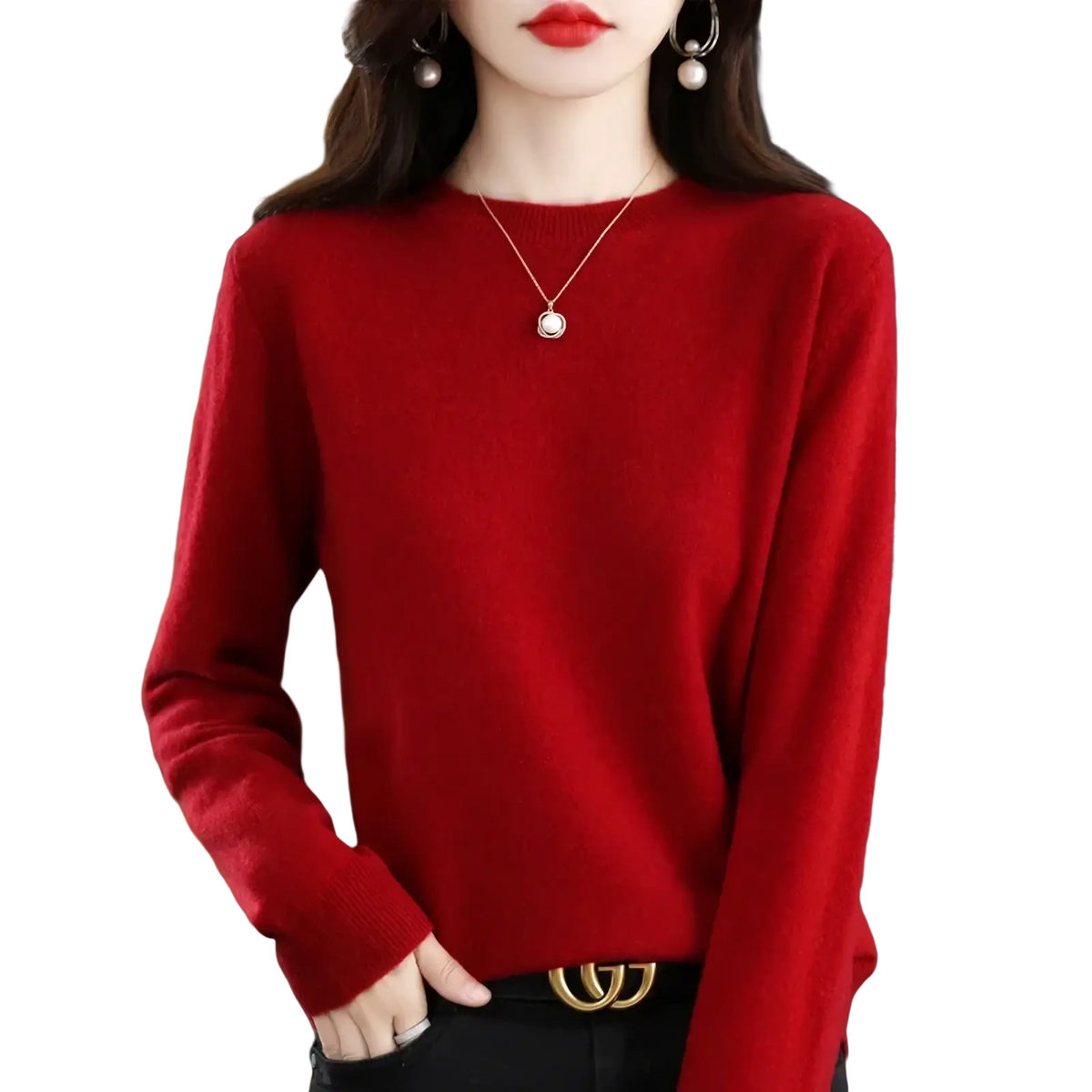 A rich red pure wool cashmere o-neck pullover sweater with long sleeves ribbed cuffs and a round neckline