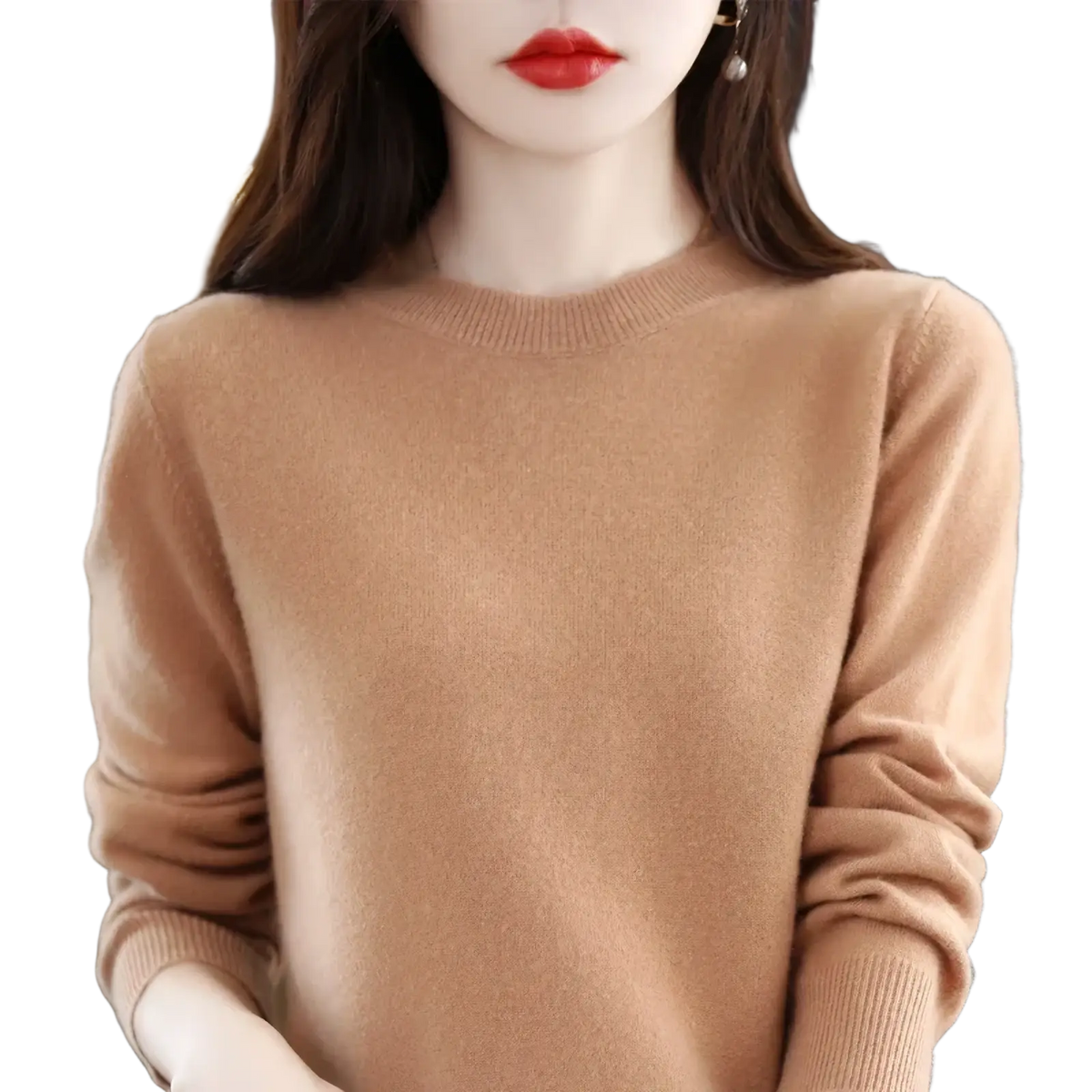 A soft camel-colored pure wool cashmere o-neck pullover sweater with classic crew neck and ribbed cuffs