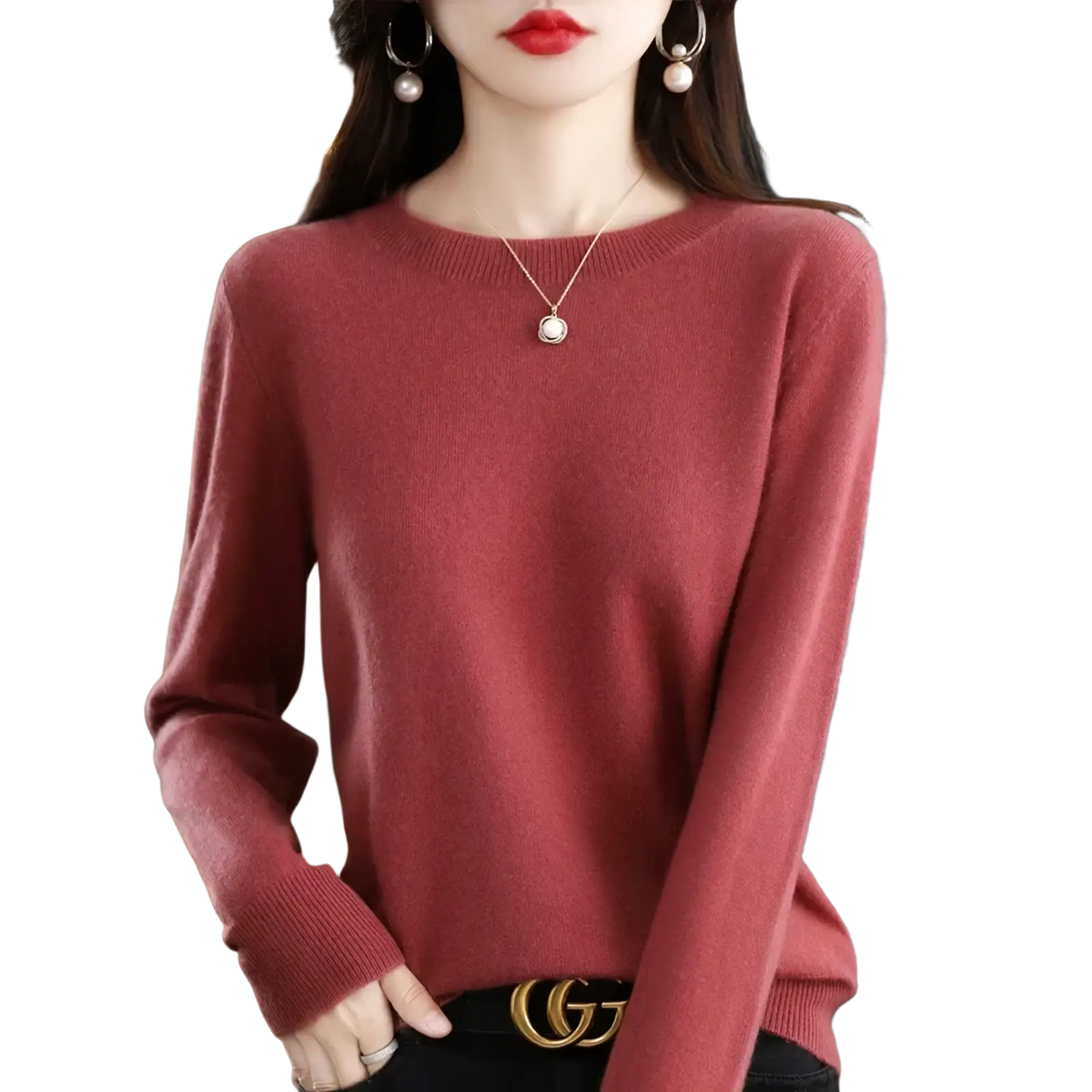 A soft dusty rose long-sleeved pure wool cashmere o-neck pullover sweater with ribbed cuffs and round neckline