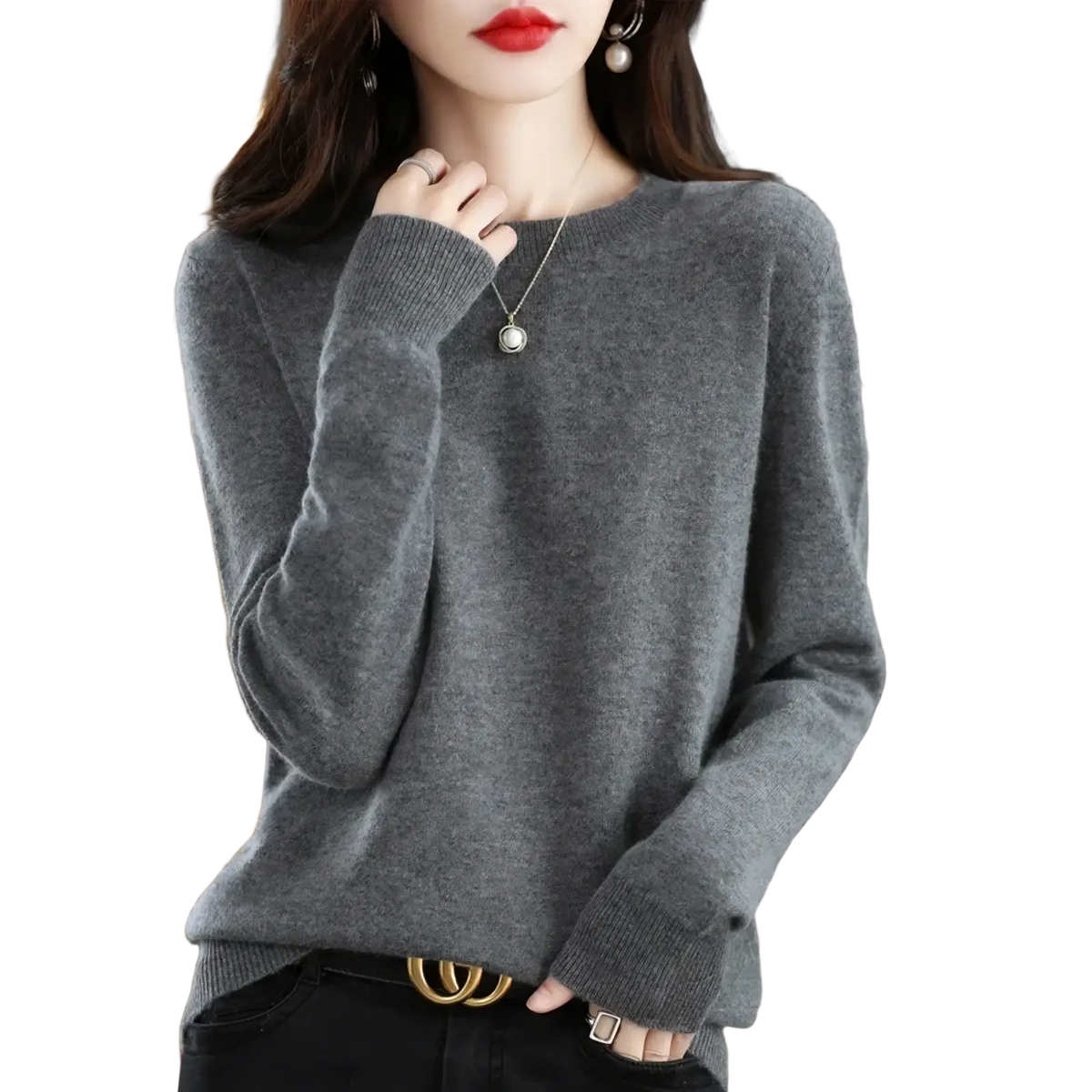 A soft heather gray pure wool cashmere o-neck pullover sweater with ribbed cuffs and hem