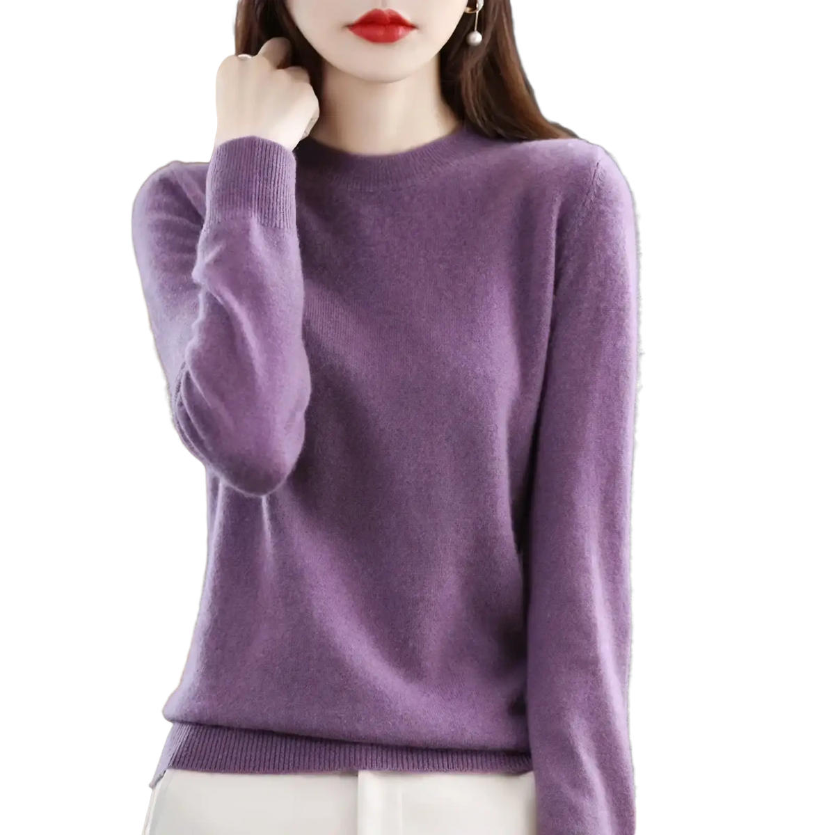 A soft lavender pure wool cashmere o-neck pullover sweater with round neckline and ribbed cuffs