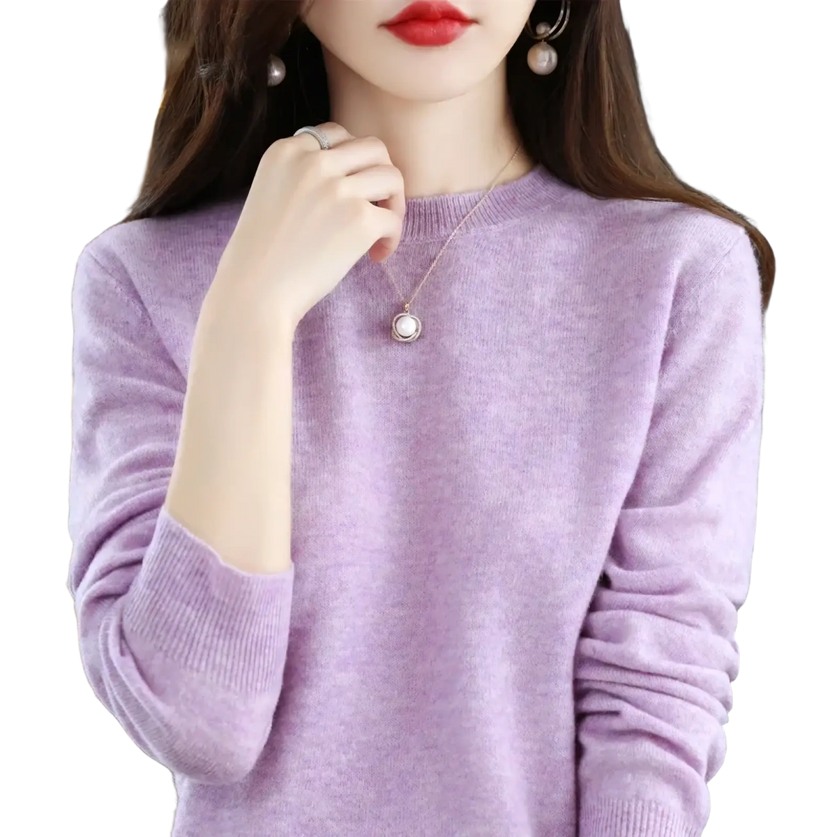 A soft lavender pure wool cashmere o-neck pullover sweater with ribbed cuffs and a round neckline