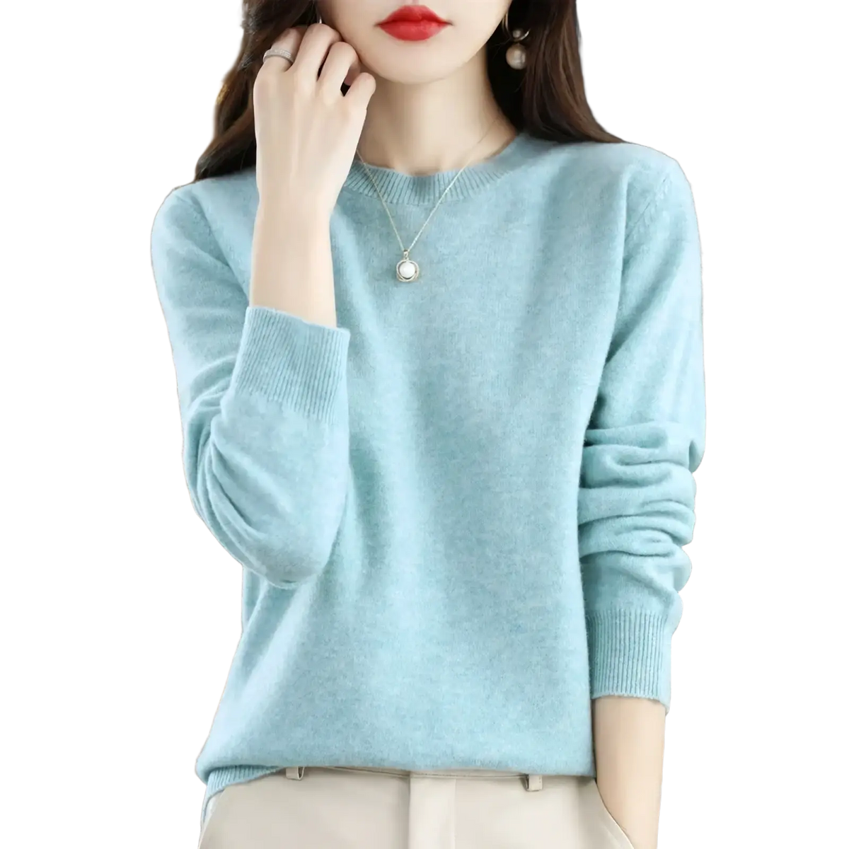 A soft light blue pure wool cashmere o-neck pullover sweater with ribbed cuffs and a round neckline