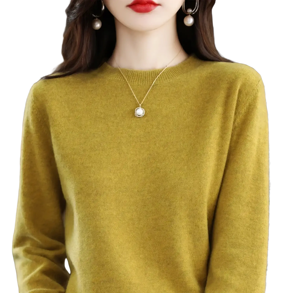 A soft olive green pure wool cashmere o-neck pullover sweater with long sleeves and subtle texture
