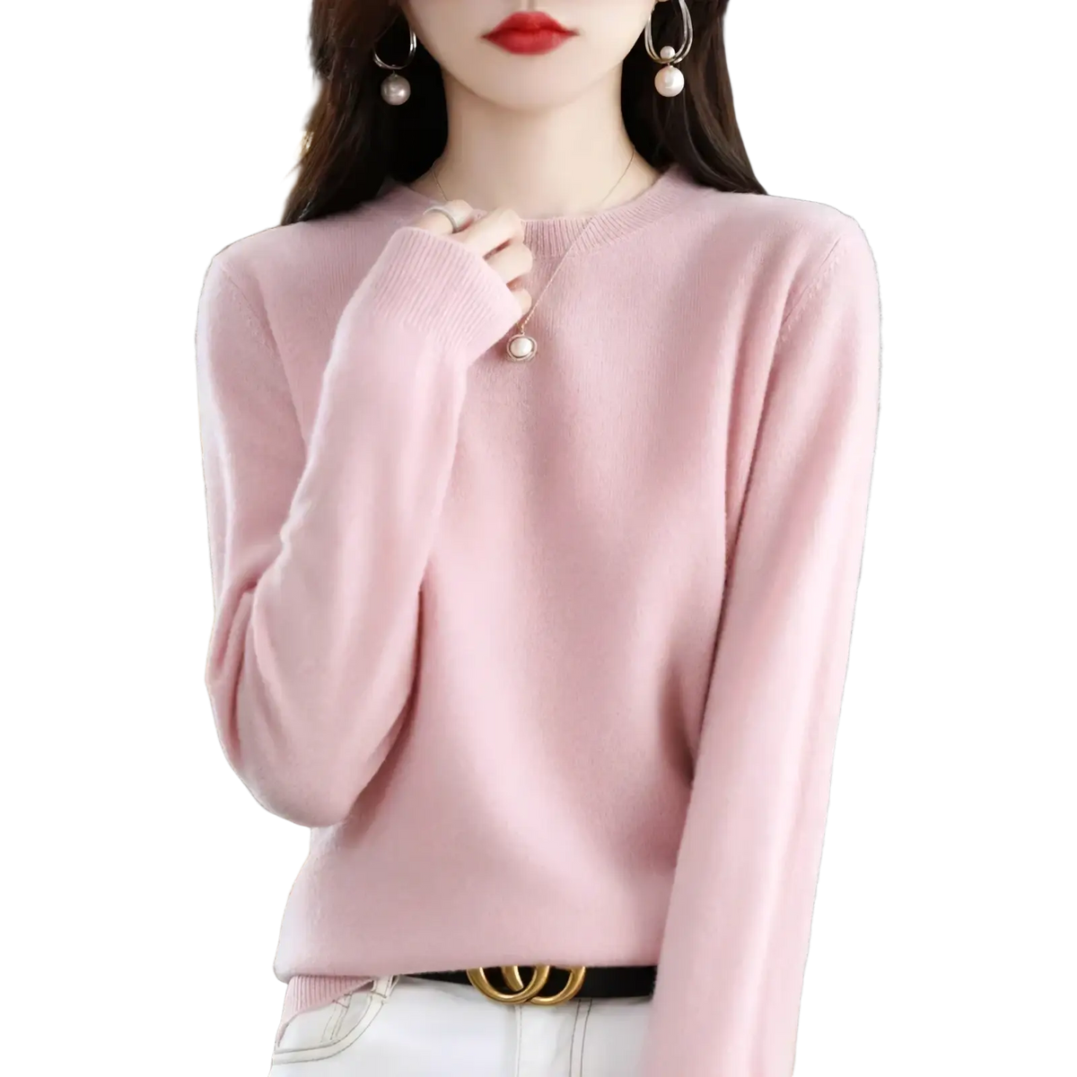 A soft pink pure wool cashmere o-neck pullover sweater with long sleeves and ribbed cuffs