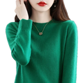 A soft vibrant green pure wool cashmere o-neck pullover sweater with long sleeves and ribbed cuffs