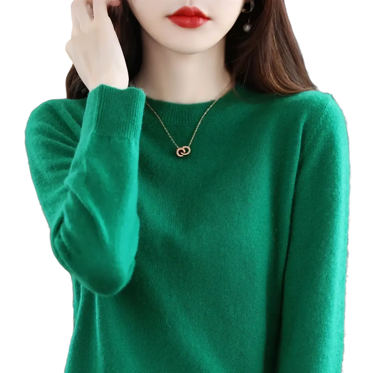 A soft vibrant green pure wool cashmere o-neck pullover sweater with long sleeves and ribbed cuffs