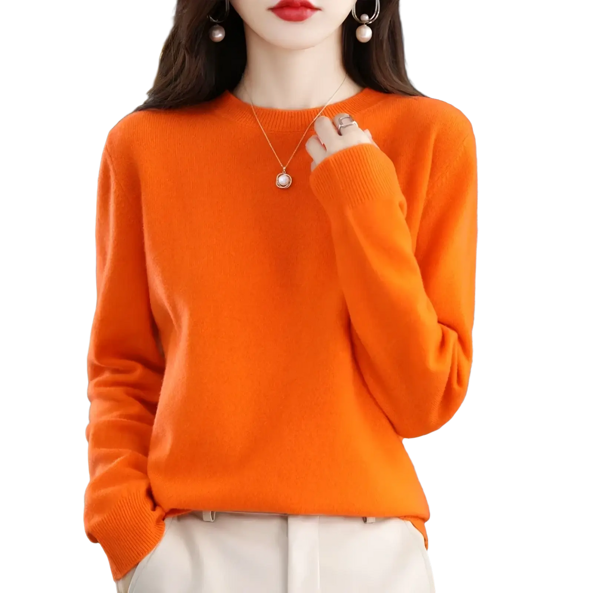 A vibrant orange pure wool cashmere o-neck pullover sweater with soft texture and ribbed cuffs in long sleeves