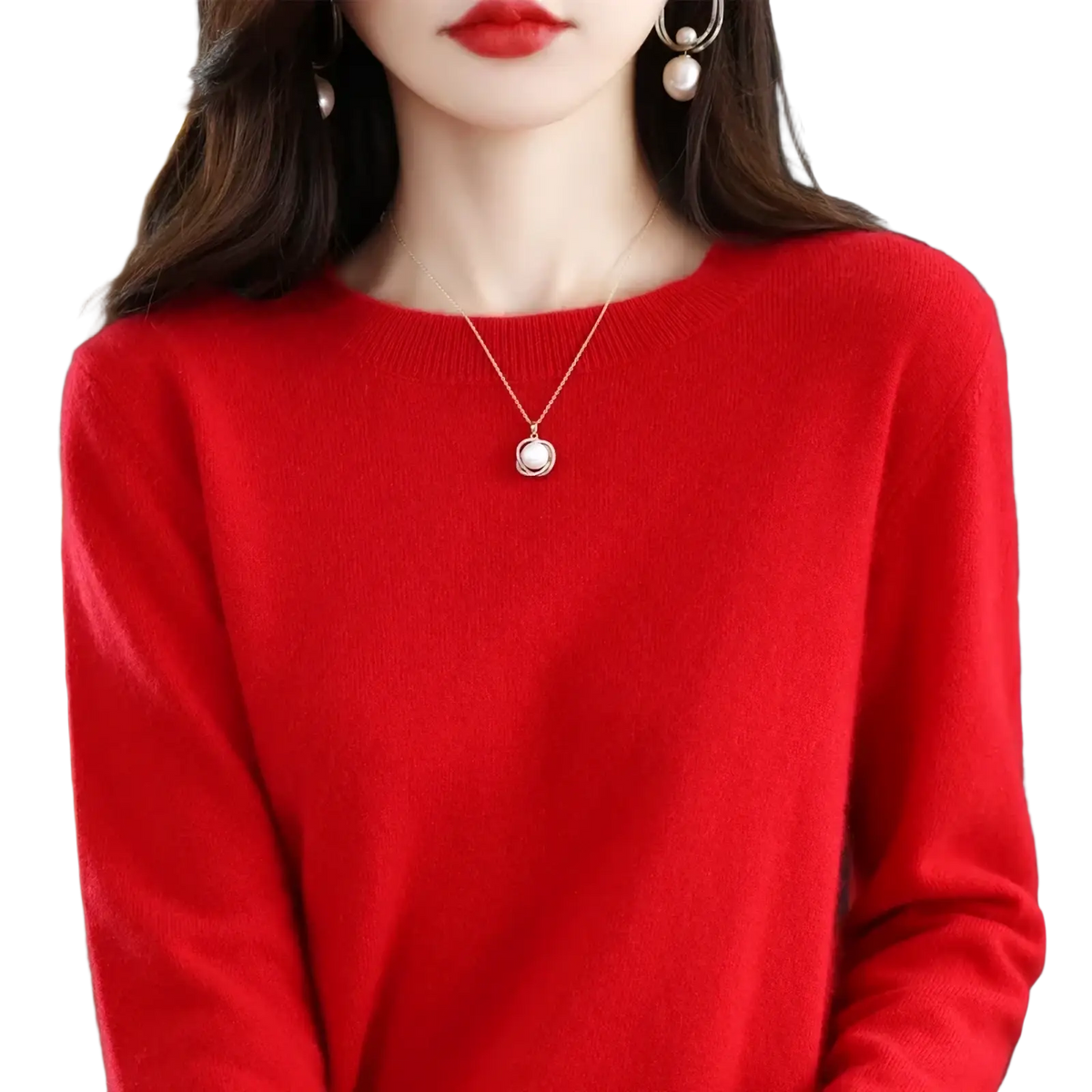 Vibrant red long-sleeved pure wool cashmere pullover sweater with an o-neck round neckline