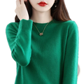 A soft vibrant green pure wool cashmere o neck sweater for women with long sleeves and ribbed cuffs