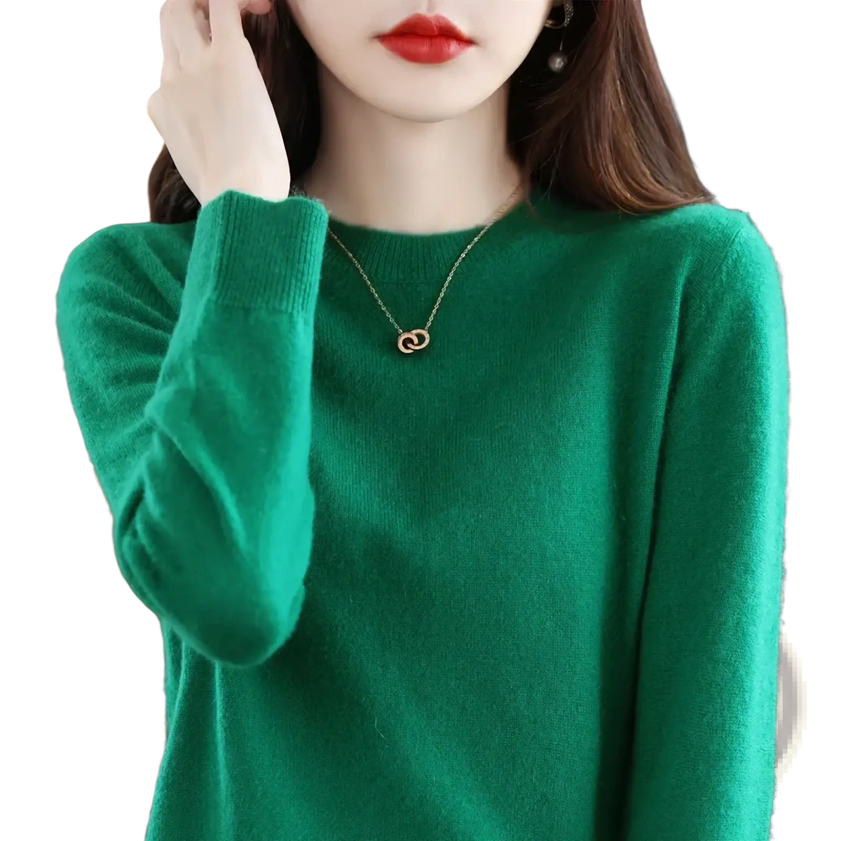 A soft vibrant green pure wool cashmere o neck sweater for women with long sleeves and ribbed cuffs