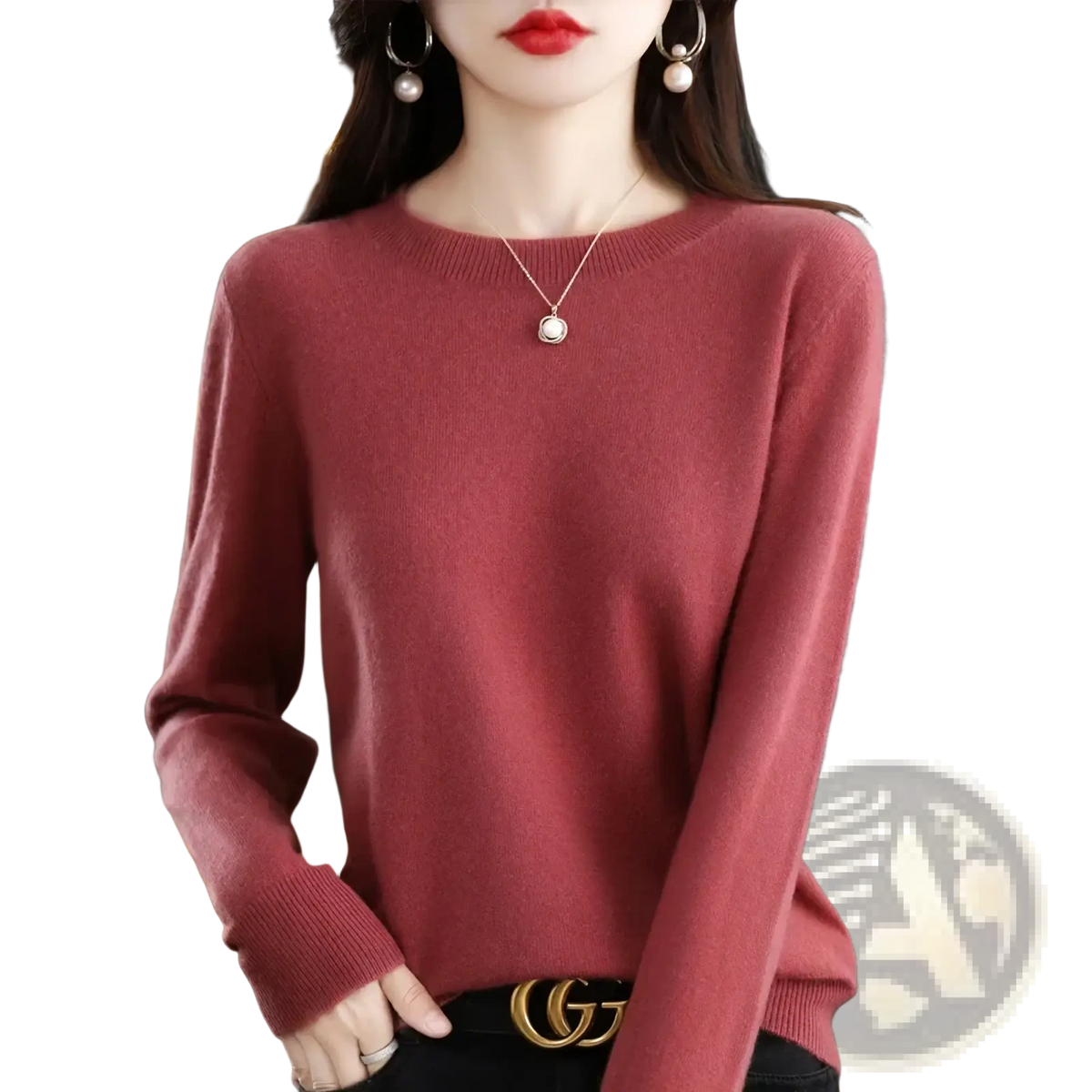 A soft dusty rose pure wool cashmere long-sleeved o-neck sweater for women with ribbed cuffs