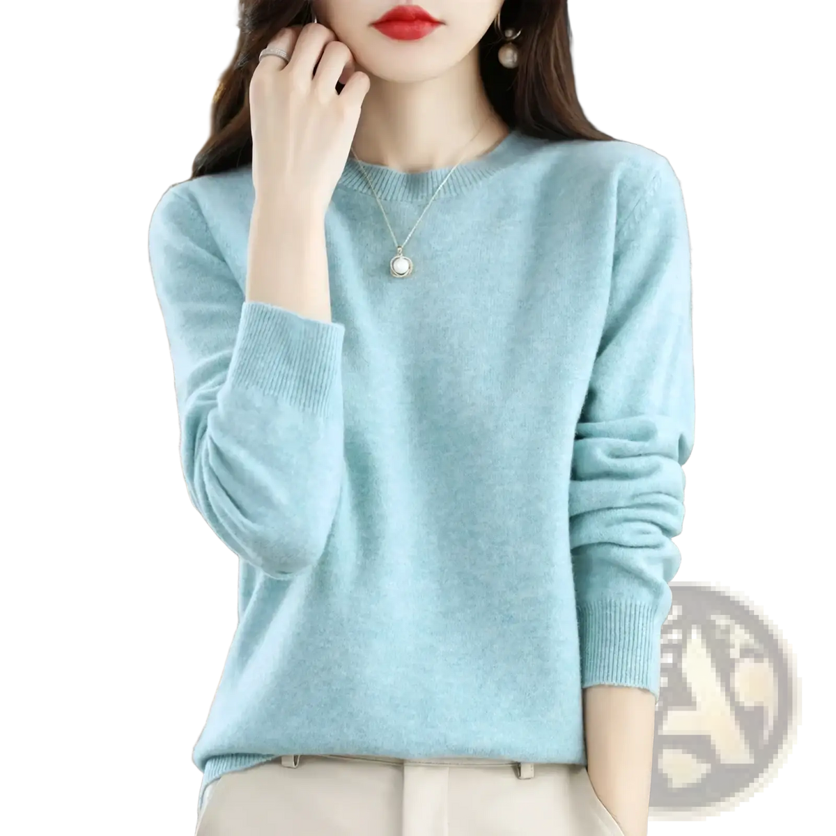 A soft light blue pure wool cashmere o-neck sweater for women with a round neckline and ribbed cuffs