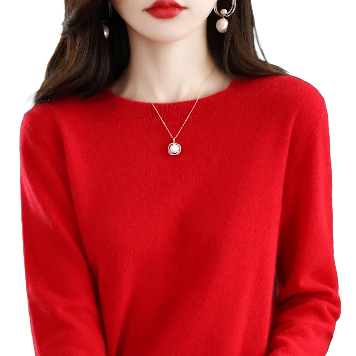 Vibrant red long-sleeved pure wool cashmere o-neck sweater for women with a round neckline