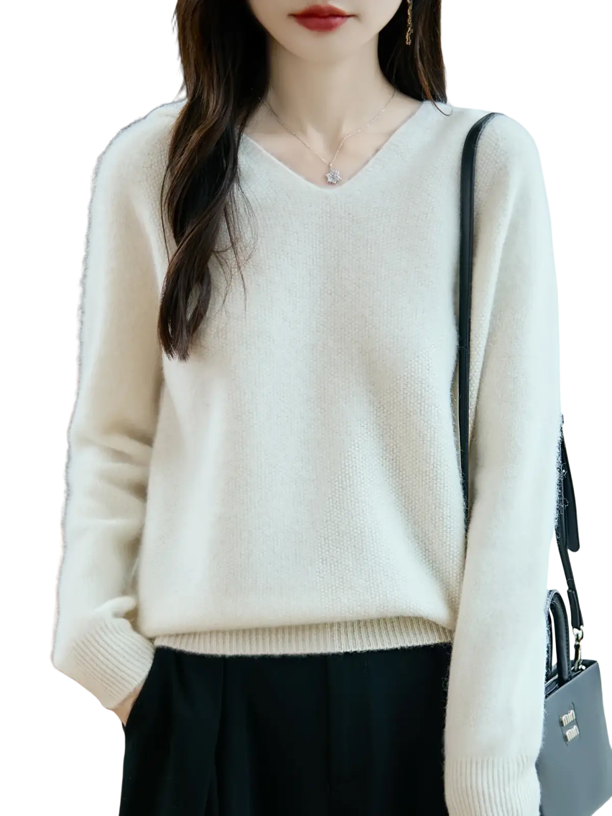 Cream-colored pure wool hooded pullover sweater with soft-knit fabric and ribbed cuffs and hem
