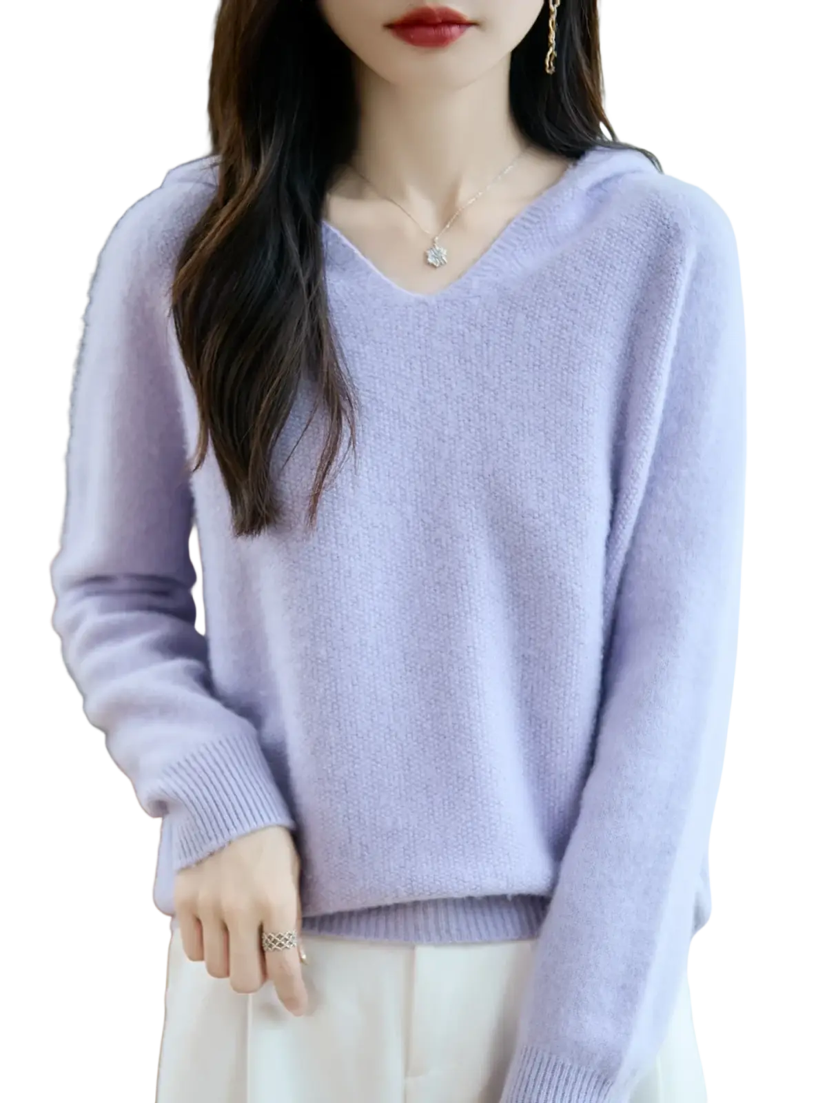 A soft lavender pure wool hooded pullover sweater with long sleeves v neck cozy knit texture and ribbed cuffs