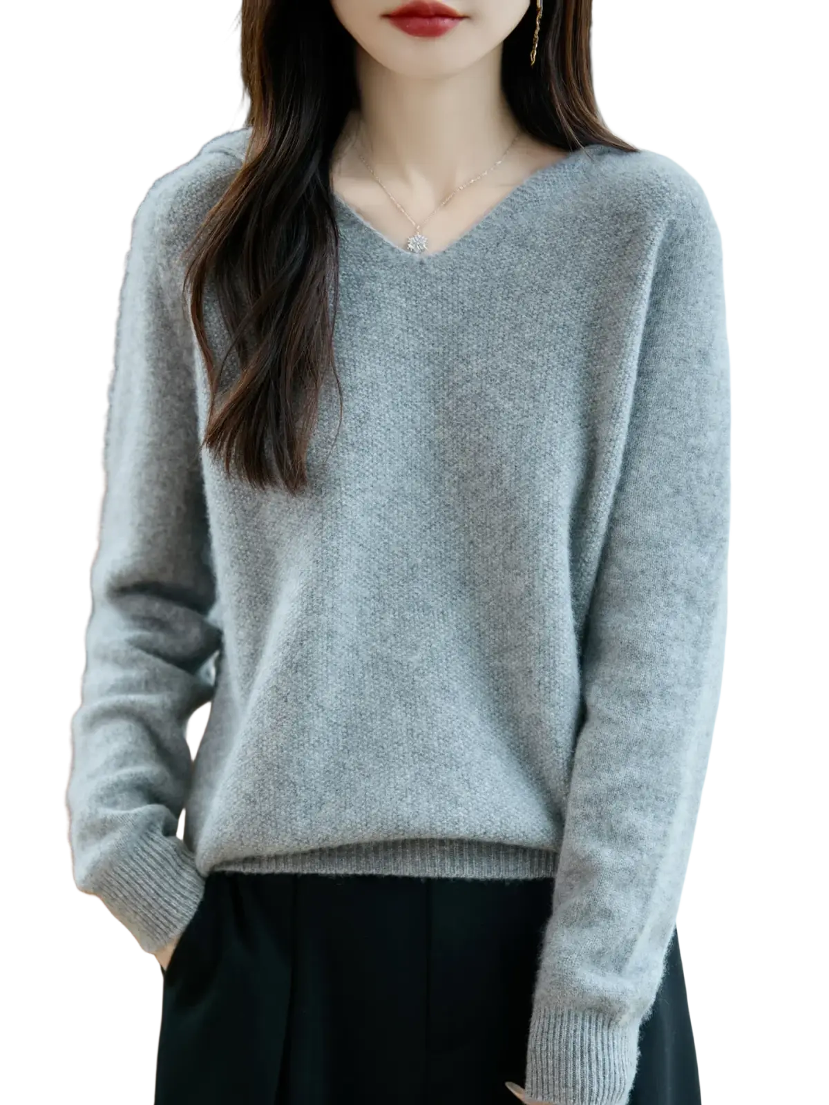 A soft light gray pure wool hooded pullover sweater with cozy textured knit and ribbed cuffs