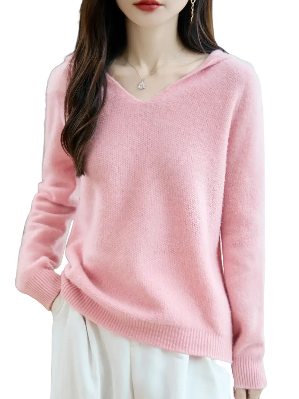 A soft pink pure wool hooded pullover sweater with a cozy knit texture and ribbed cuffs in long sleeves
