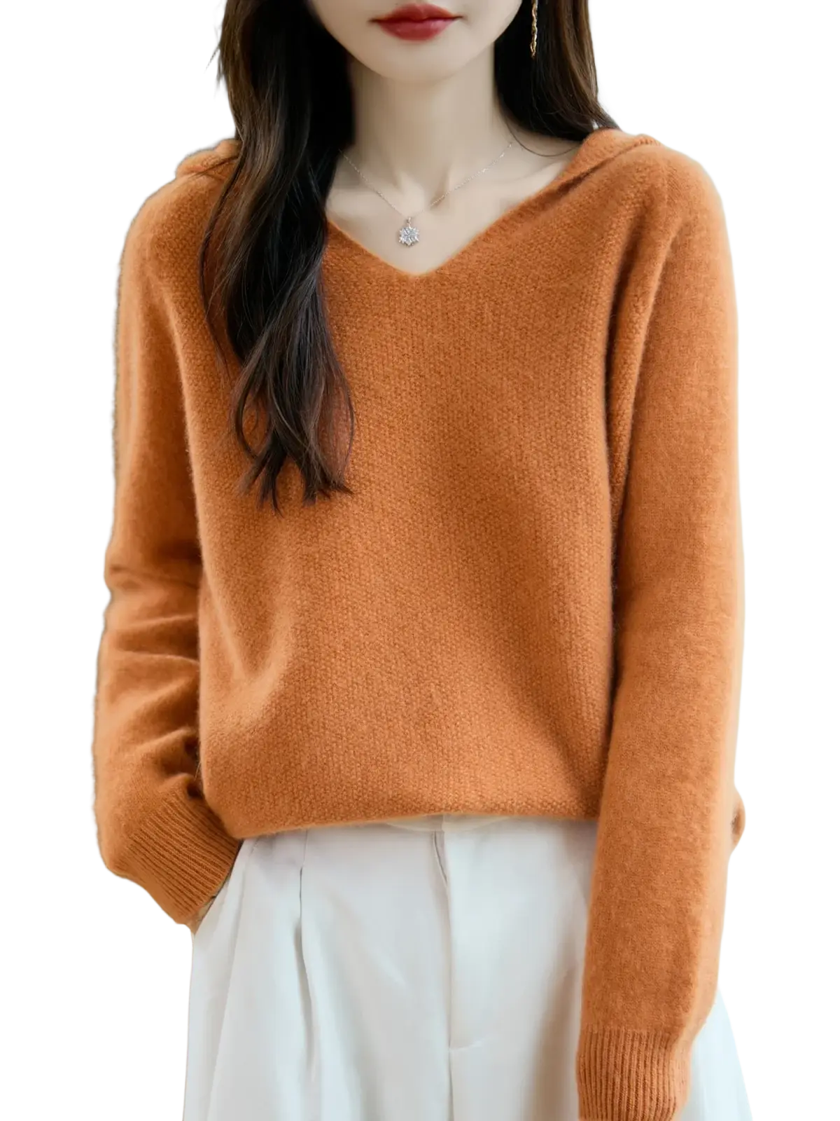 Warm orange pure wool hooded pullover sweater with soft textured fabric and ribbed cuffs for comfortable wear