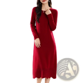 Pure wool knit midi dress cream features a rich red long-sleeved design with a round neckline and scalloped hem