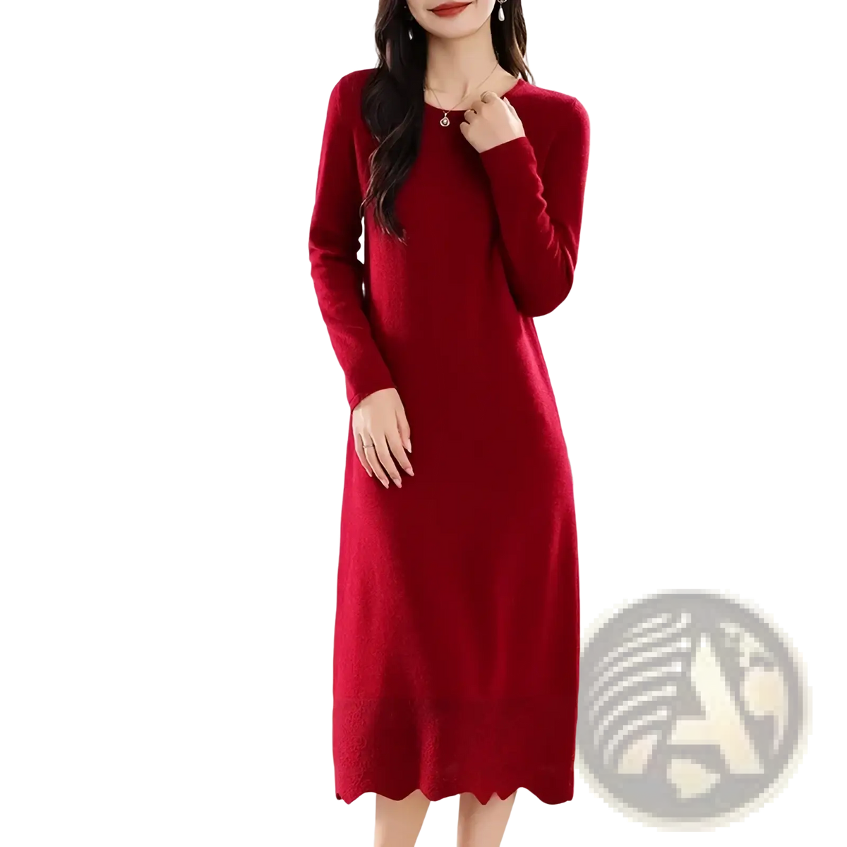 Pure wool knit midi dress cream features a rich red long-sleeved design with a round neckline and scalloped hem