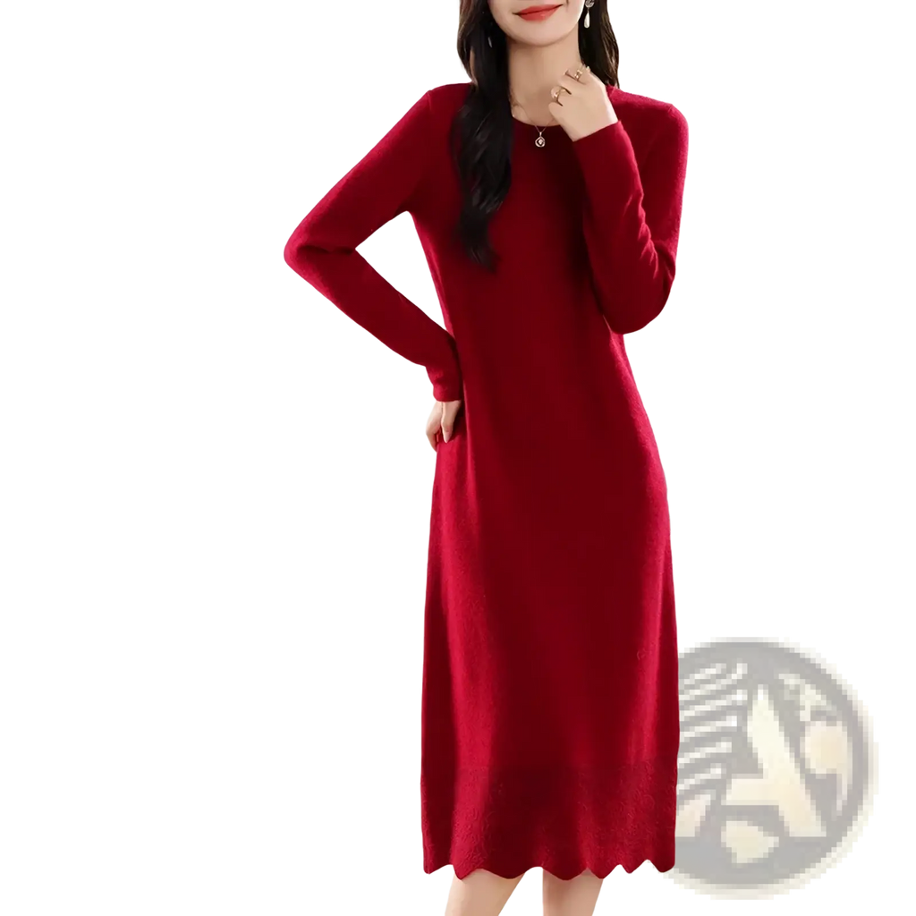 Pure wool knit midi dress cream in rich red with long sleeves scalloped hem and subtle texture visible from the back