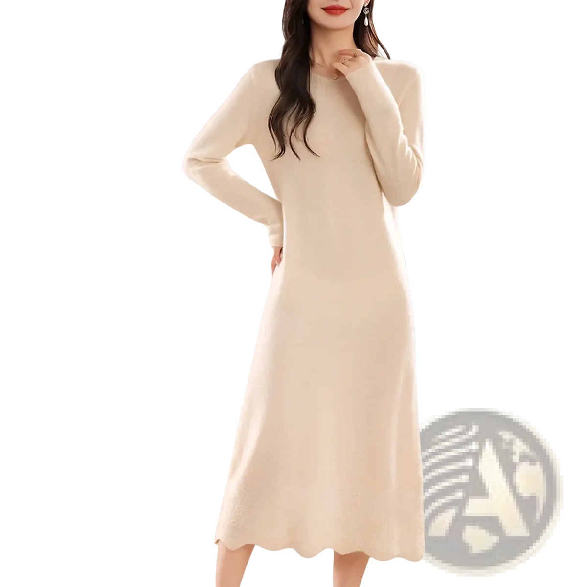 A soft cream-colored pure wool knit midi dress with long sleeves round neckline and scalloped hem