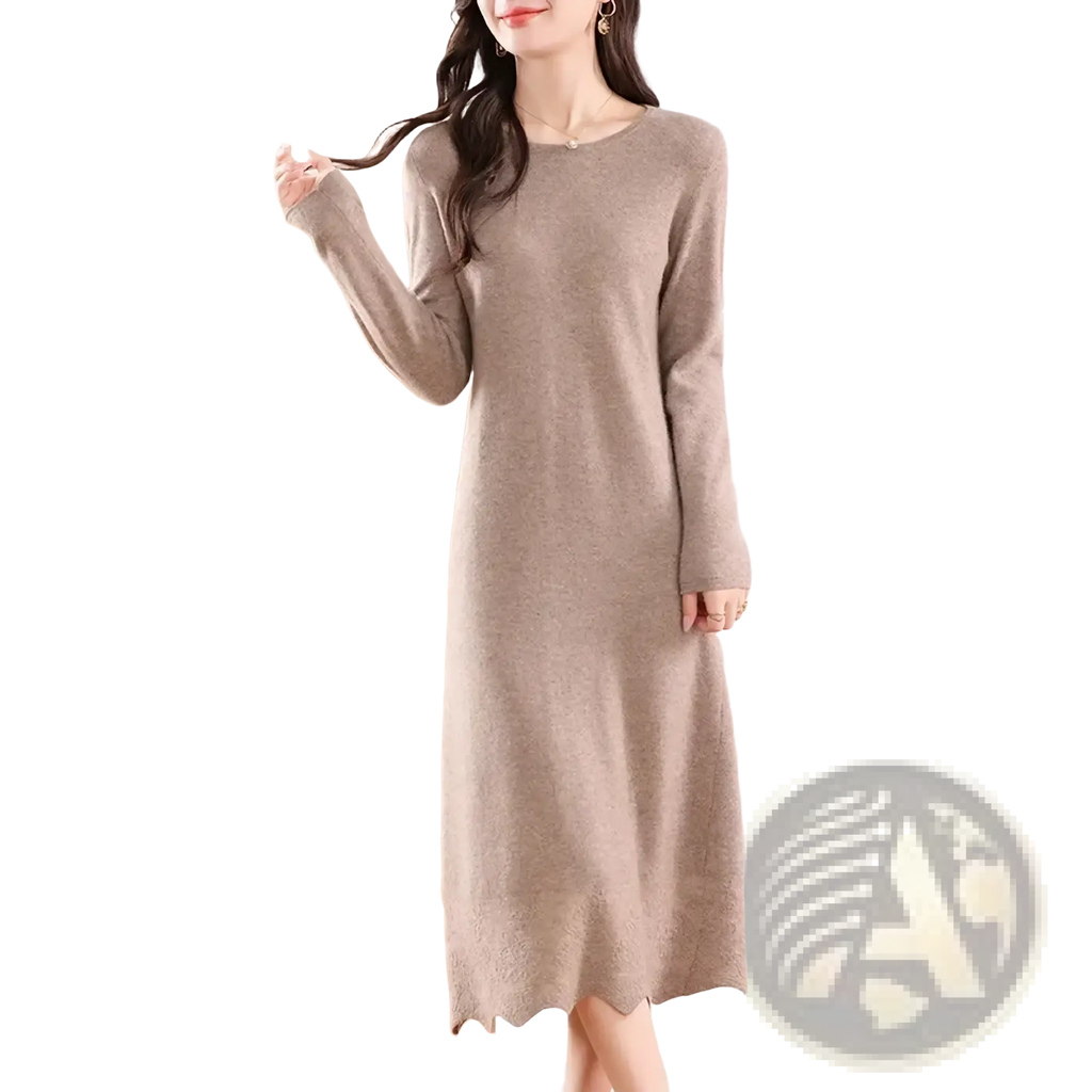 Pure wool knit midi dress cream soft beige long-sleeved with round neckline and scalloped hem