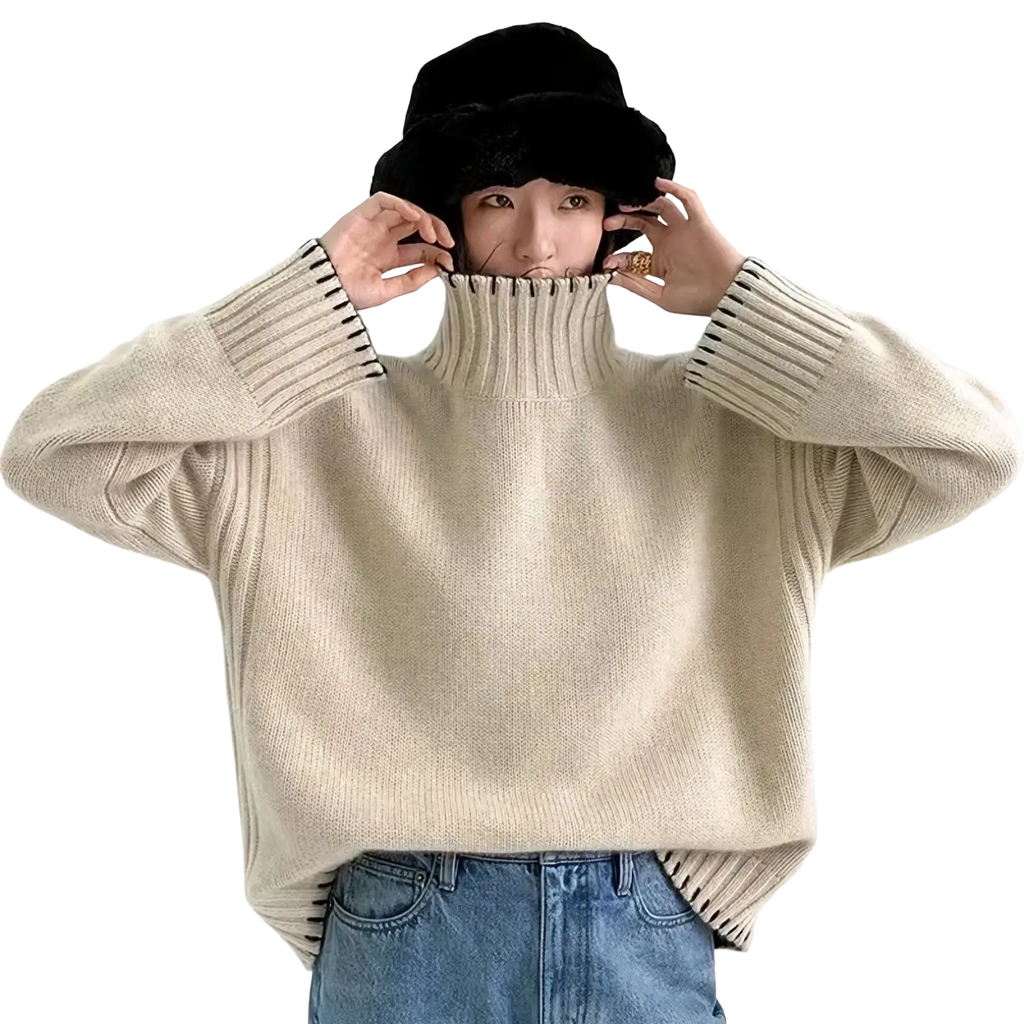 Beige pure wool ribbed knit turtleneck sweater for women with black striped cuffs and hem