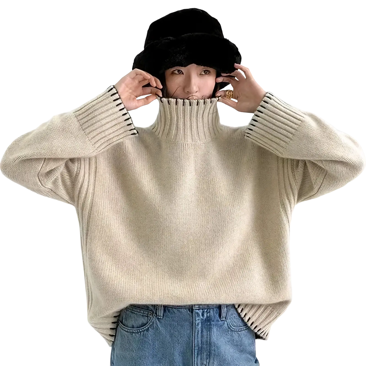 Beige pure wool ribbed knit turtleneck sweater for women with black striped cuffs and hem