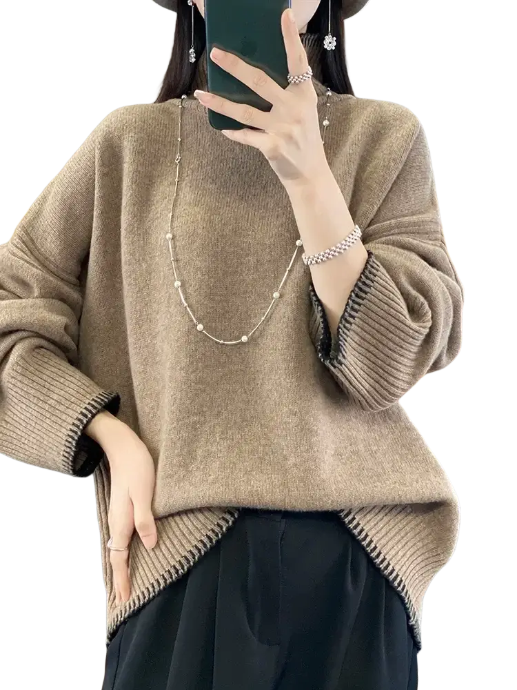 Pure wool turtleneck sweater women in beige with ribbed cuffs and a slightly asymmetrical hem in knit fabric