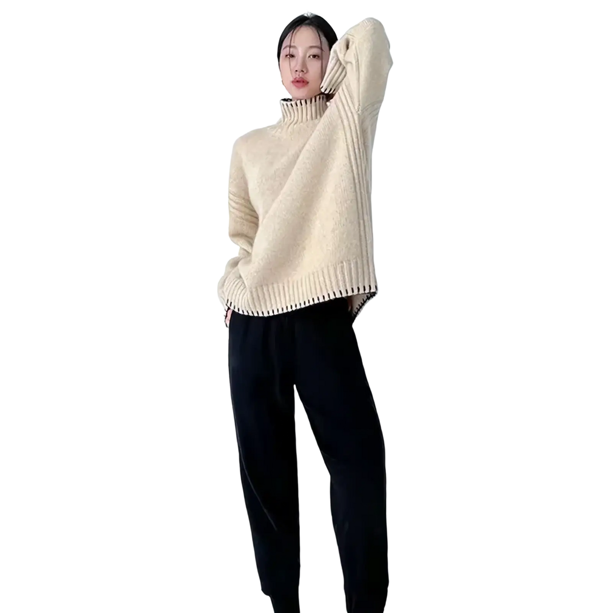 Cream-colored pure wool turtleneck sweater for women with ribbed knit and relaxed fit front view