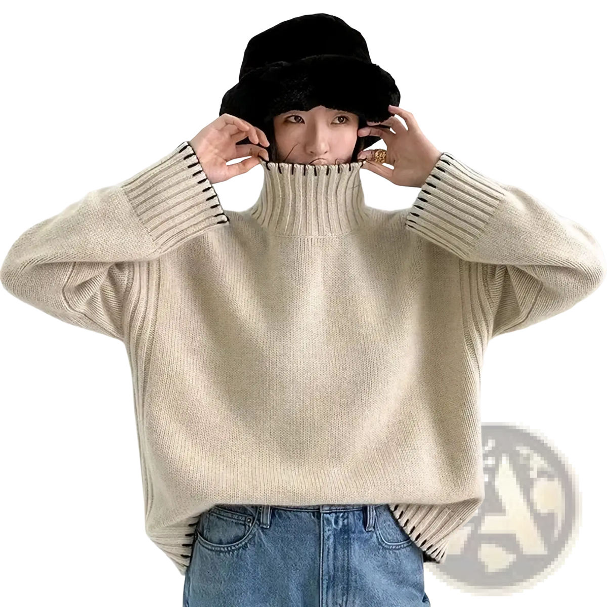 Beige pure wool turtleneck sweater with ribbed knit texture and black striped cuffs and hem for women loose fit