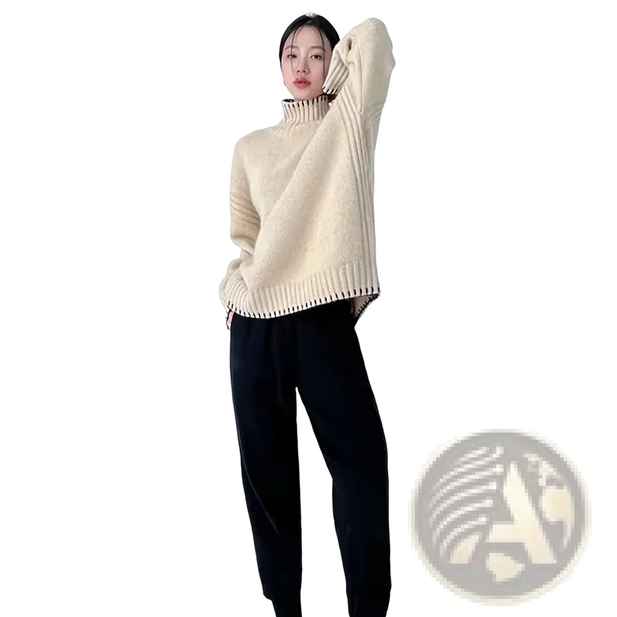 Cream-colored pure wool turtleneck sweater for women with ribbed knit and loose relaxed fit pullover design