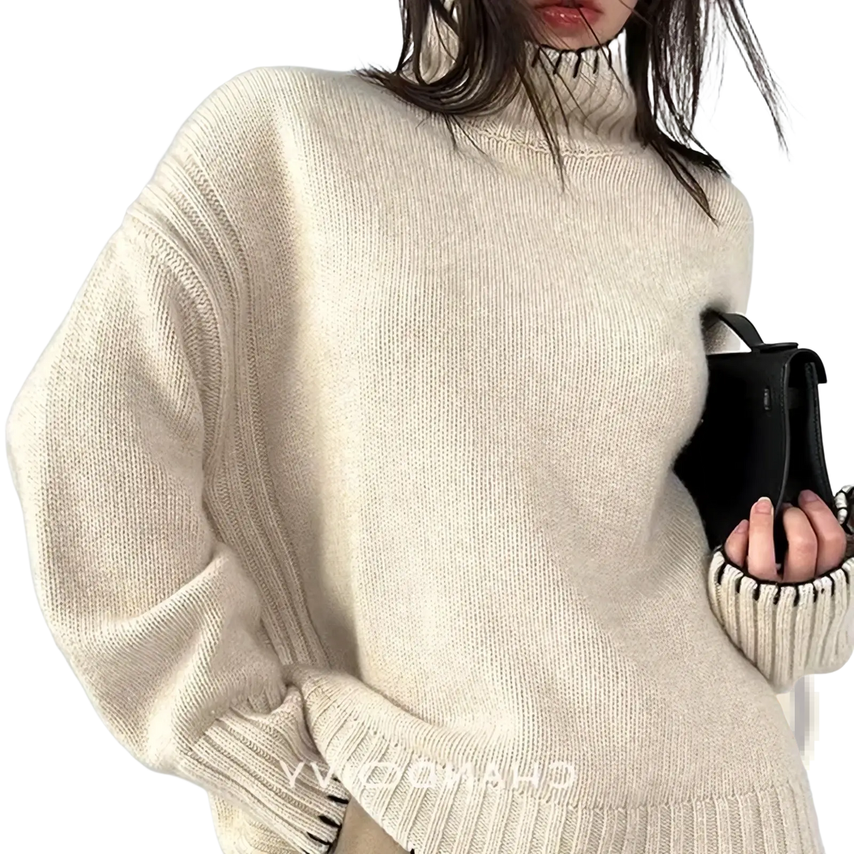 Cream-colored pure wool oversized turtleneck sweater with ribbed texture and loose fit for women