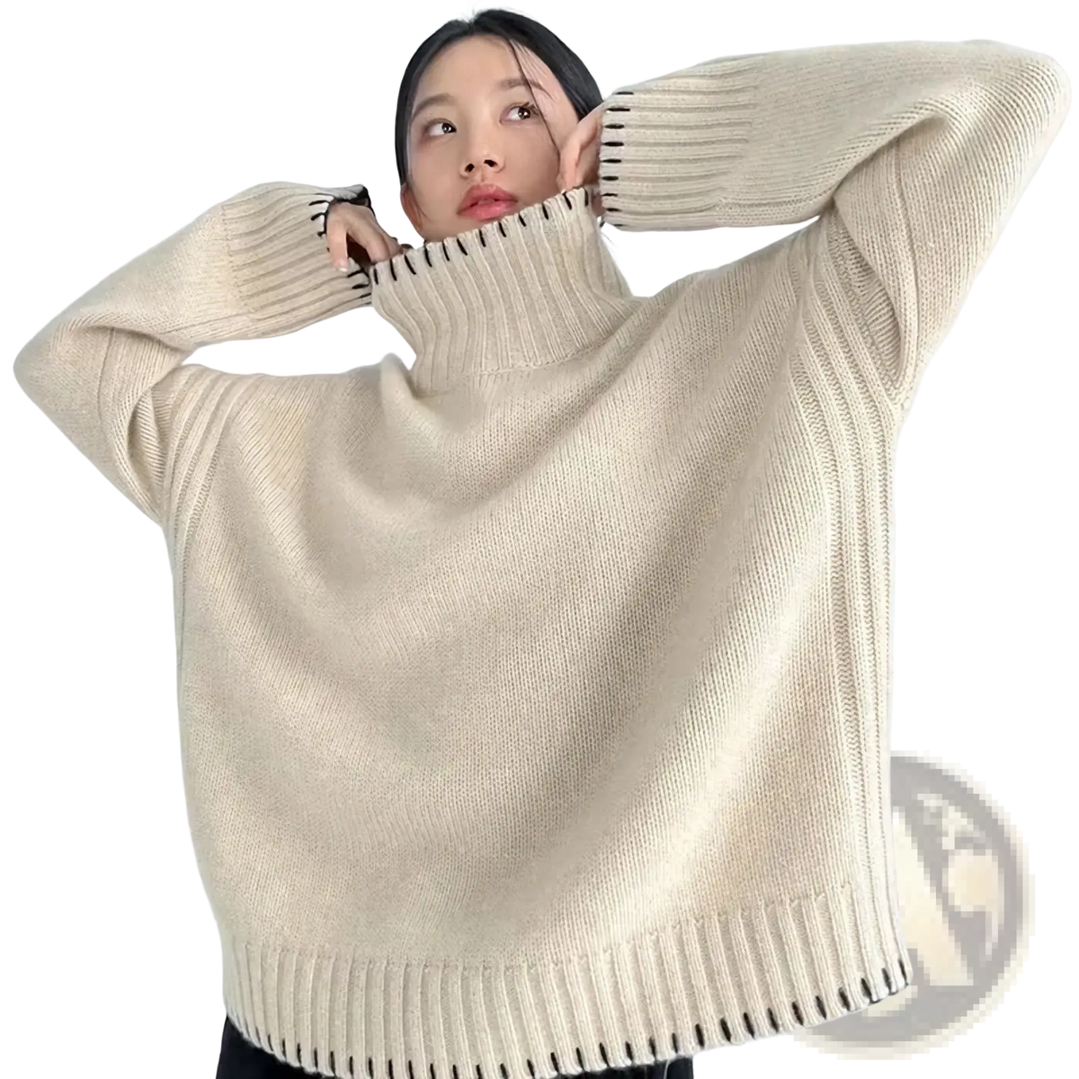 Cream-colored pure wool oversized turtleneck sweater with ribbed cuffs and hem for women loose knit pullover