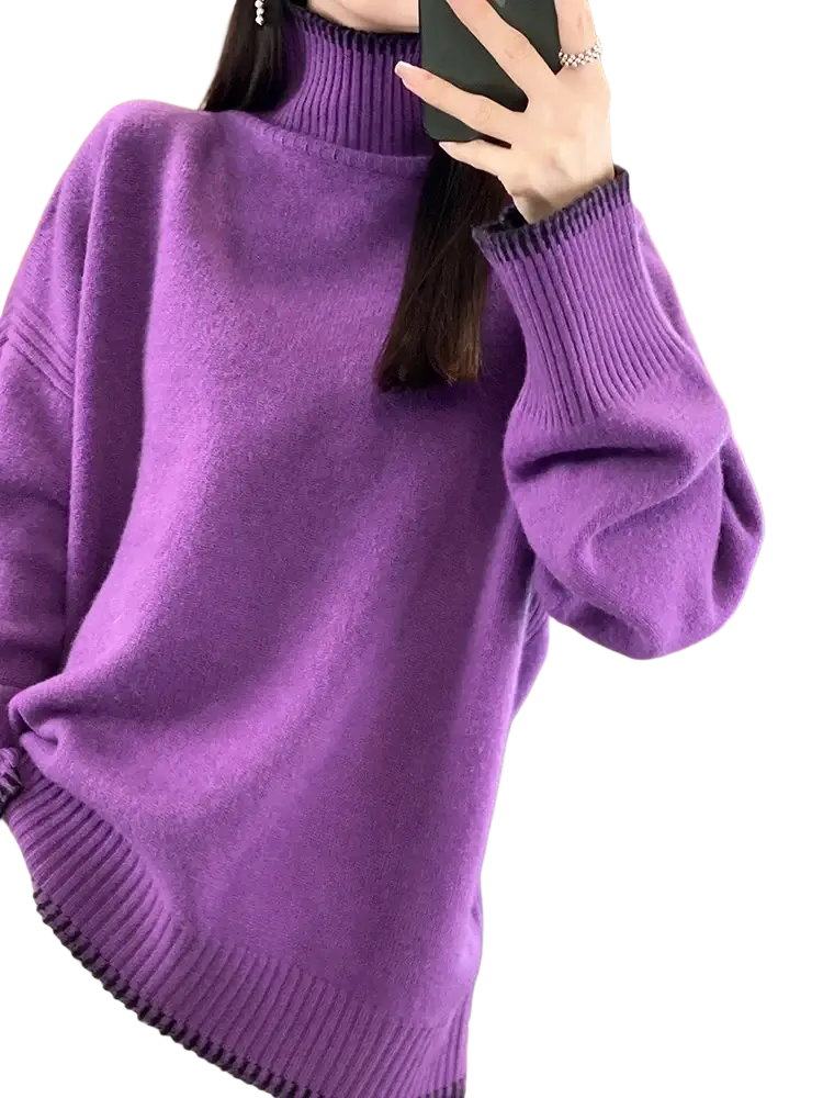 A soft vibrant purple pure wool turtleneck sweater for women with ribbed cuffs and hem