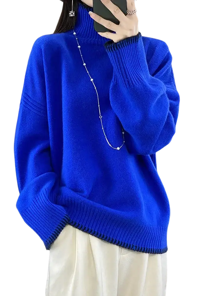 Vibrant royal blue pure wool oversized turtleneck sweater with ribbed cuffs and hem for women