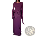 A deep purple evening dress with long sleeves, ruched bodice, and flowing floor-length draped design