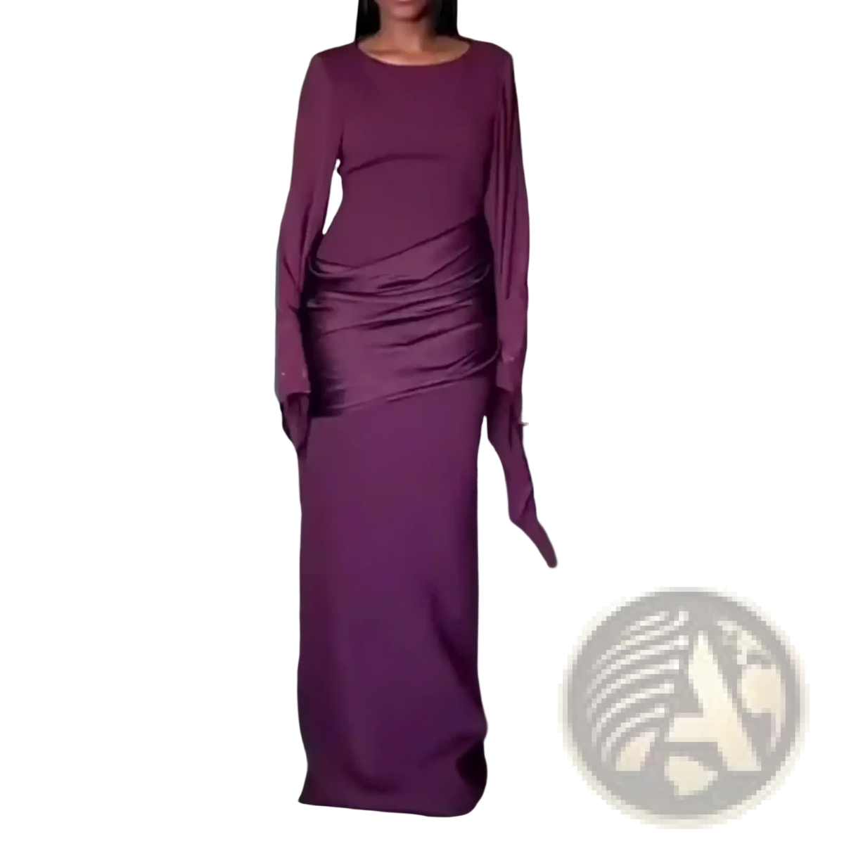 A deep purple evening dress with long sleeves, ruched bodice, and flowing floor-length draped design