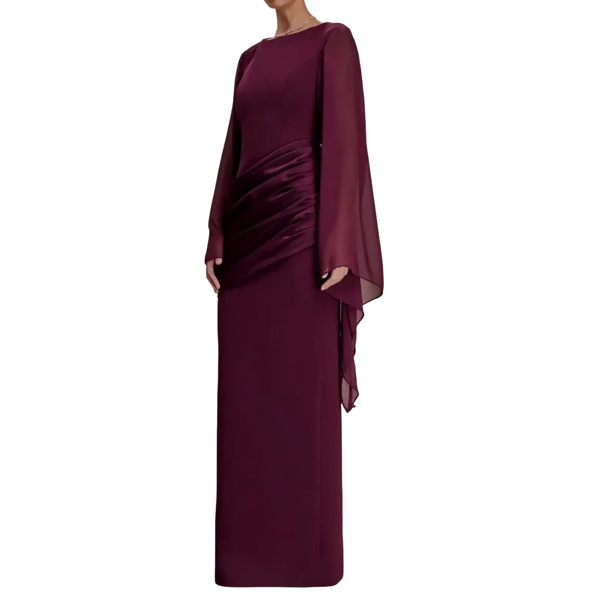 A flowing burgundy purple evening dress with a draped sheer cape sleeve and a sleek fitted silhouette