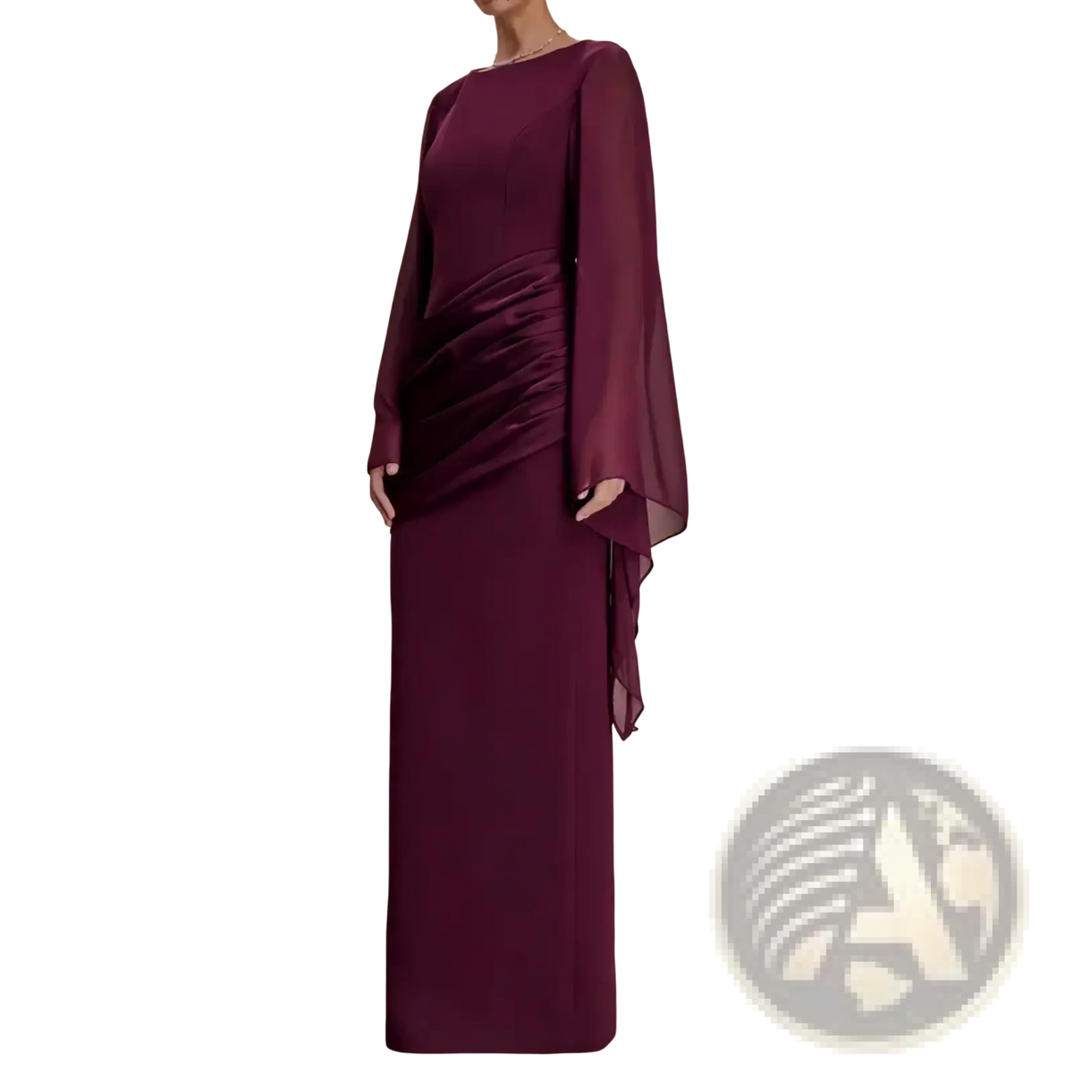 A flowing burgundy purple evening dress with a draped sheer cape sleeve and a sleek fitted silhouette
