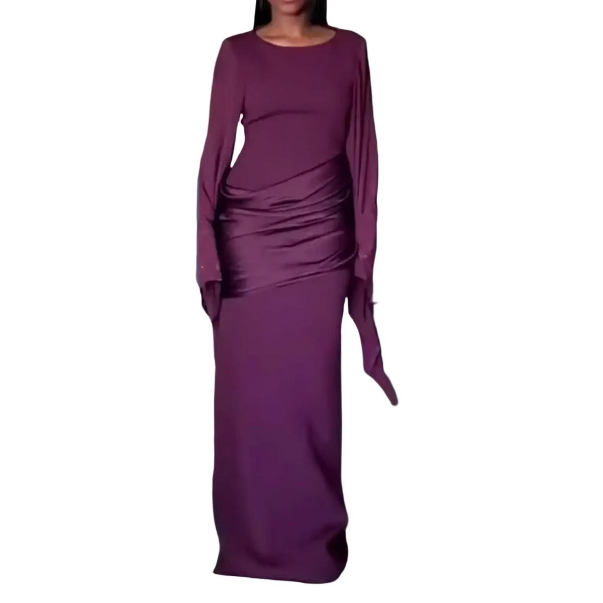 A deep purple evening dress with long sleeves, ruched bodice, and flowing floor-length draped design