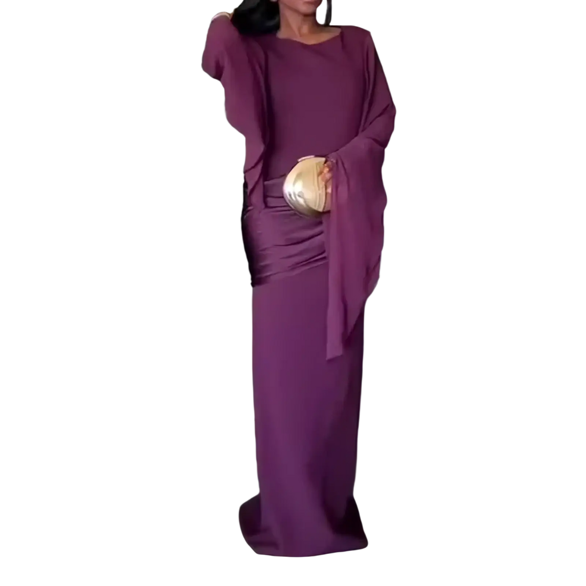 A flowing deep purple floor-length evening dress with wide sleeves and a ruched waist for formal occasions